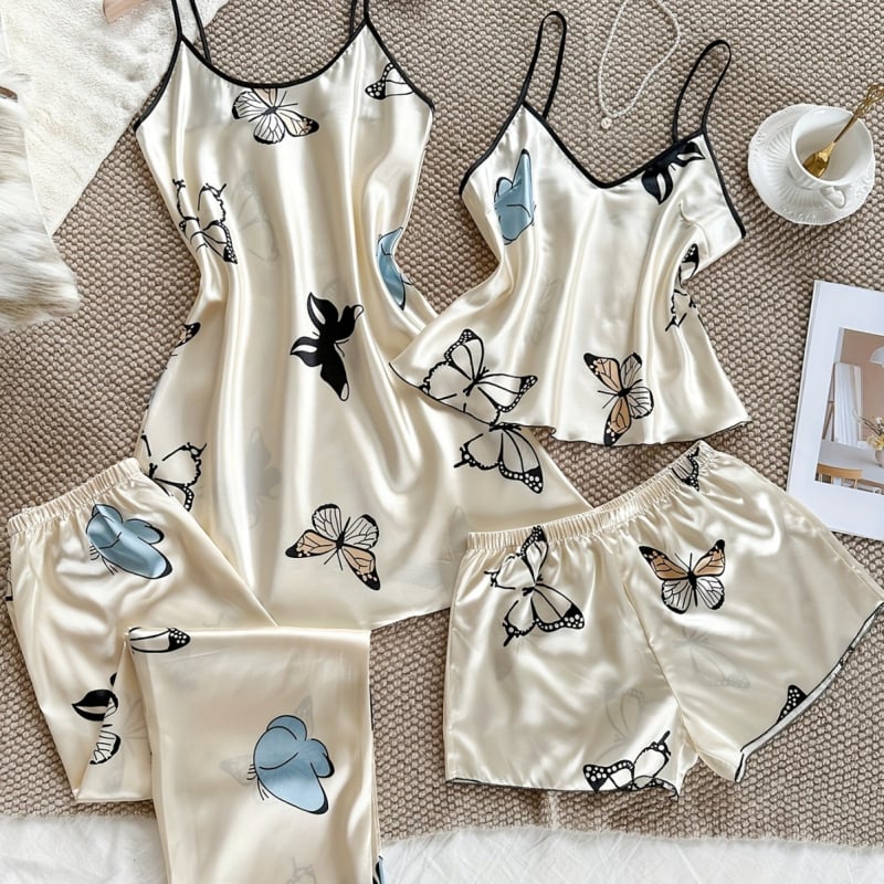 Imitācijas zīda pidžamu komplekts – Eiropas un Amerikas stils, V-veida kakls, bez piedurknēm, īsās bikses, ultra plāns audums 81–100 g/m²