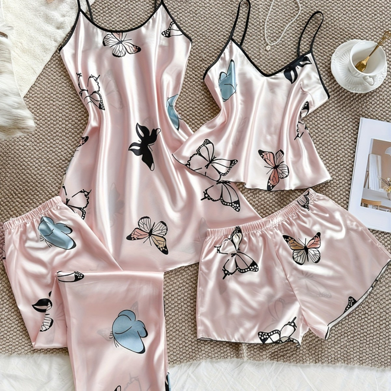 Imitācijas zīda pidžamu komplekts – Eiropas un Amerikas stils, V-veida kakls, bez piedurknēm, īsās bikses, ultra plāns audums 81–100 g/m²