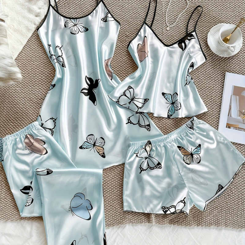 Imitācijas zīda pidžamu komplekts – Eiropas un Amerikas stils, V-veida kakls, bez piedurknēm, īsās bikses, ultra plāns audums 81–100 g/m²