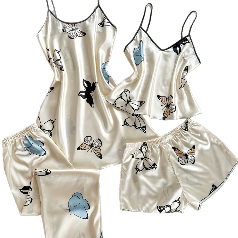 Imitācijas zīda pidžamu komplekts – Eiropas un Amerikas stils, V-veida kakls, bez piedurknēm, īsās bikses, ultra plāns audums 81–100 g/m²