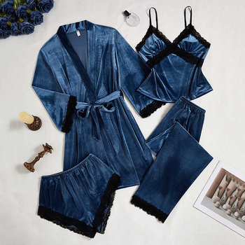 Σετ πιτζάμας από βελούδο και δαντέλα για γυναίκες, τετράδα τεμαχίων, με μακριά μανίκια και μακριά παντελόνια, με τιράντες, V-λαιμό, αίσθηση πολυτέλειας, παχύ ύφασμα