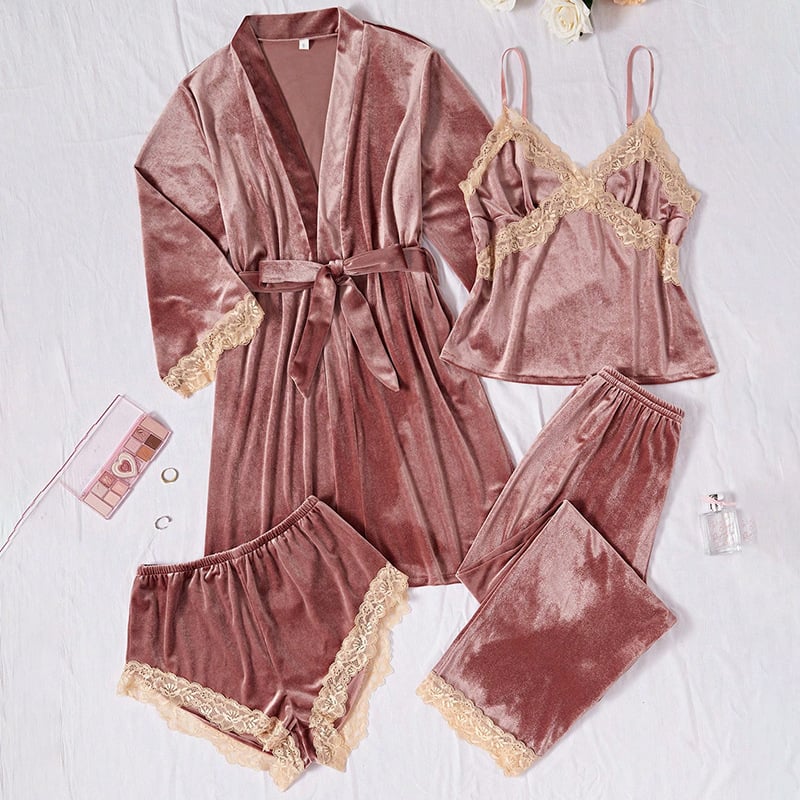 Sieviešu samta un mežģīņu naktskleita komplekts, četrdaļu komplekts, ar garām piedurknēm un garām biksēm, ar siksnu stilu, V veida kakla izgriezums, premium sajūta, bieza auduma