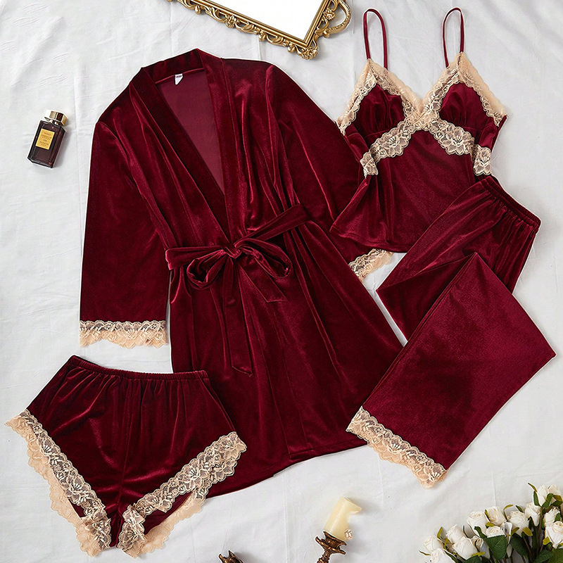 Sieviešu samta un mežģīņu naktskleita komplekts, četrdaļu komplekts, ar garām piedurknēm un garām biksēm, ar siksnu stilu, V veida kakla izgriezums, premium sajūta, bieza auduma