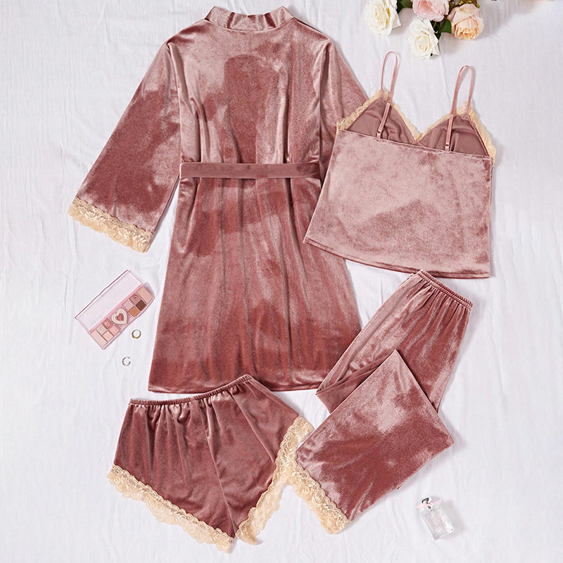 Sieviešu samta un mežģīņu naktskleita komplekts, četrdaļu komplekts, ar garām piedurknēm un garām biksēm, ar siksnu stilu, V veida kakla izgriezums, premium sajūta, bieza auduma