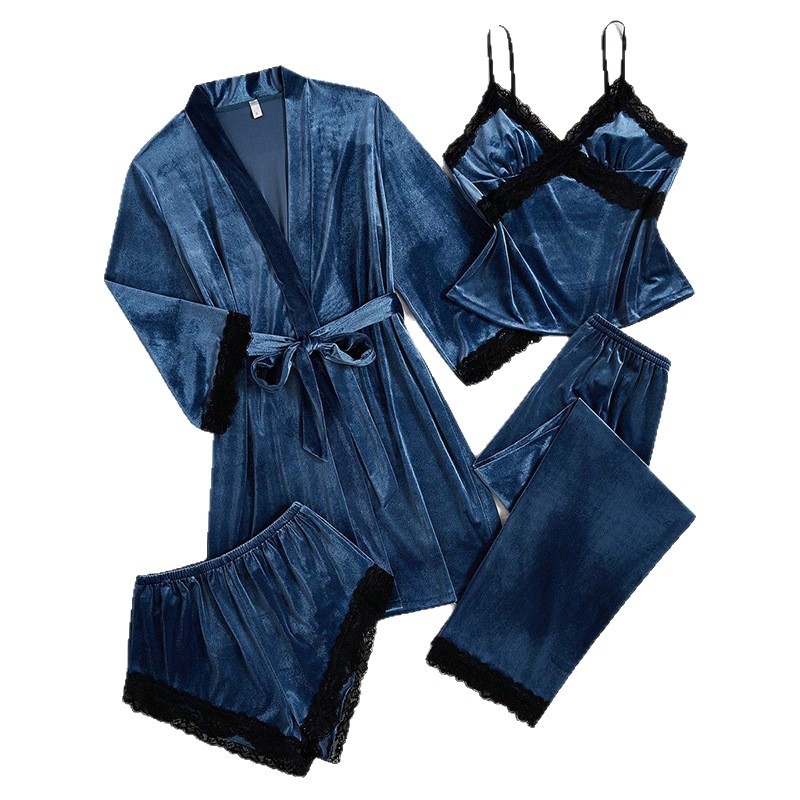 Sieviešu samta un mežģīņu naktskleita komplekts, četrdaļu komplekts, ar garām piedurknēm un garām biksēm, ar siksnu stilu, V veida kakla izgriezums, premium sajūta, bieza auduma