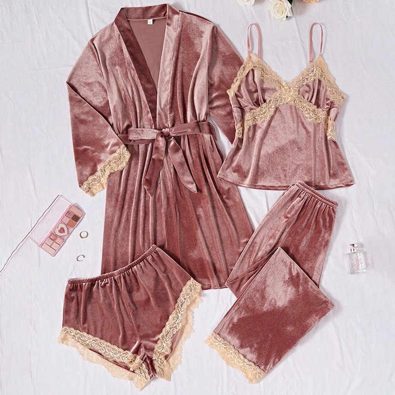 Sieviešu samta un mežģīņu naktskleita komplekts, četrdaļu komplekts, ar garām piedurknēm un garām biksēm, ar siksnu stilu, V veida kakla izgriezums, premium sajūta, bieza auduma