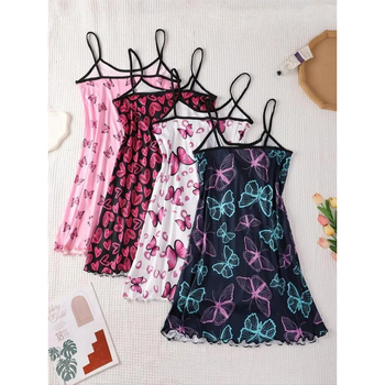 Γυναικείο εκτυπωμένο νυχτικό με τιράντες - στρογγυλό λαιμόκοψη, 100% ίνες χαλκού-αμμωνίας, μεσαίου μήκους, φθινοπωρινό casual