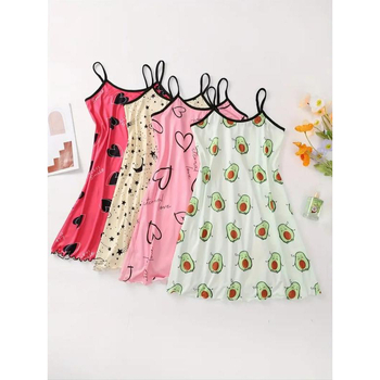 Γυναικείο εκτυπωμένο νυχτικό με τιράντες - στρογγυλό λαιμόκοψη, 100% ίνες χαλκού-αμμωνίας, μεσαίου μήκους, φθινοπωρινό casual