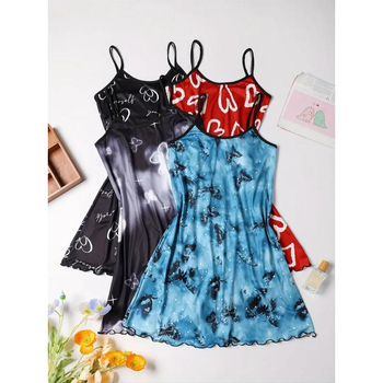 Γυναικείο εκτυπωμένο νυχτικό με τιράντες - στρογγυλό λαιμόκοψη, 100% ίνες χαλκού-αμμωνίας, μεσαίου μήκους, φθινοπωρινό casual