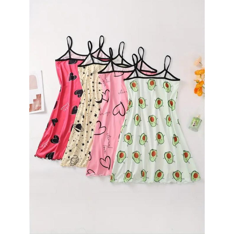 Női nyomtatott spagetti pántos éjszakai ruha - kerek nyak, 100% réz-ammónia rost, középméret, őszi hétköznapi viselet