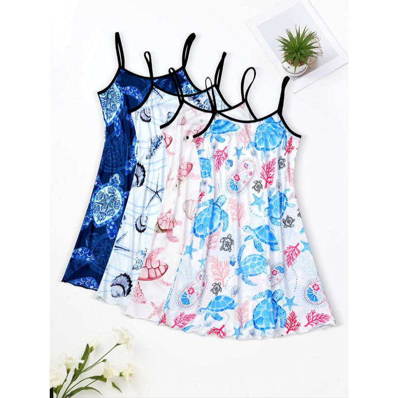 Női nyomtatott spagetti pántos éjszakai ruha - kerek nyak, 100% réz-ammónia rost, középméret, őszi hétköznapi viselet