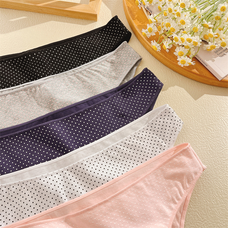 Medvilninės moterų kelnaitės su taškuotu raštu, vidurio juosta, antibakterinės, pilvo kontrole