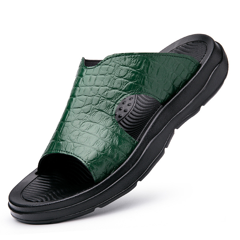 Vīriešu vasaras slid-sandales ar krokodila rakstu no liellopu ādas augšdaļu, bez šuvēm, pretkližoša mīkstā zole, 2025. gada vasara