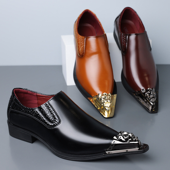 Ανδρικά δερμάτινα παπούτσια με ατσάλινο δάχτυλο, μυτερός σχεδιασμός, PU επάνω μέρος, slip-on, χαμηλό ύψος