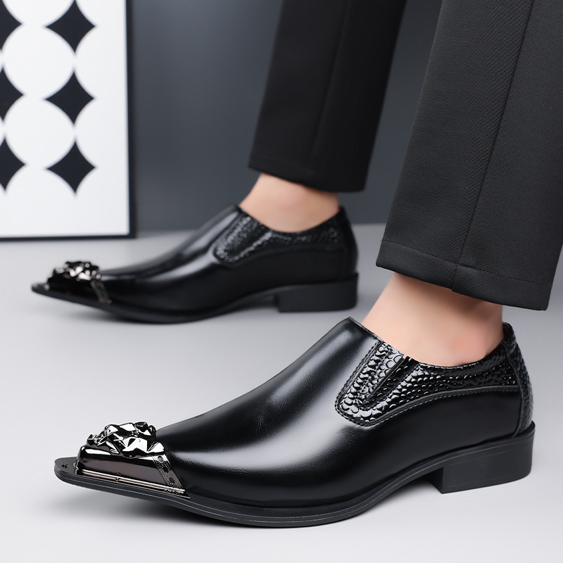 Ανδρικά δερμάτινα παπούτσια με ατσάλινο δάχτυλο, μυτερός σχεδιασμός, PU επάνω μέρος, slip-on, χαμηλό ύψος