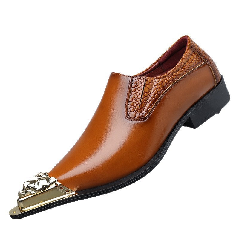 Ανδρικά δερμάτινα παπούτσια με ατσάλινο δάχτυλο, μυτερός σχεδιασμός, PU επάνω μέρος, slip-on, χαμηλό ύψος