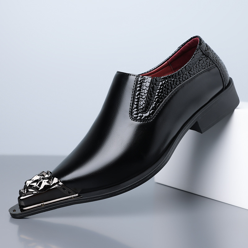 Ανδρικά δερμάτινα παπούτσια με ατσάλινο δάχτυλο, μυτερός σχεδιασμός, PU επάνω μέρος, slip-on, χαμηλό ύψος