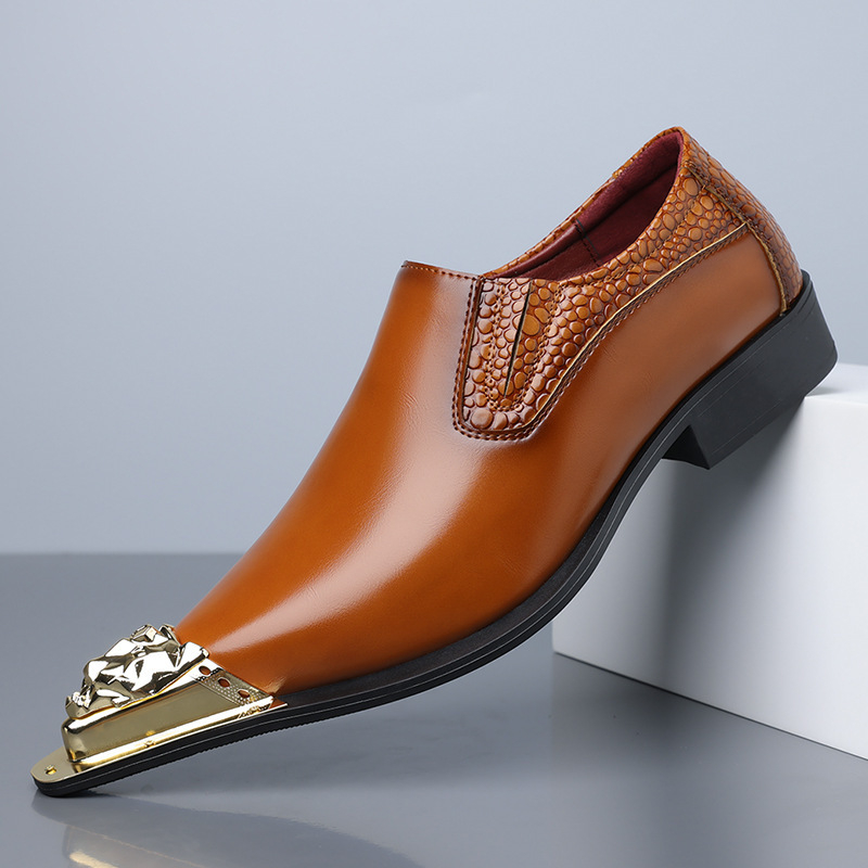 Ανδρικά δερμάτινα παπούτσια με ατσάλινο δάχτυλο, μυτερός σχεδιασμός, PU επάνω μέρος, slip-on, χαμηλό ύψος