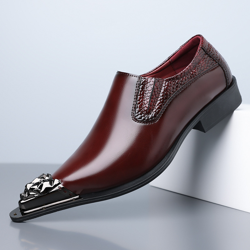 Ανδρικά δερμάτινα παπούτσια με ατσάλινο δάχτυλο, μυτερός σχεδιασμός, PU επάνω μέρος, slip-on, χαμηλό ύψος