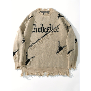 Плетен пуловер, неофициален стил, свободна кройка, кръгло деколте, ръкав с пет точки, детайл с дупки, средна дебелина