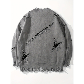 Плетен пуловер, неофициален стил, свободна кройка, кръгло деколте, ръкав с пет точки, детайл с дупки, средна дебелина