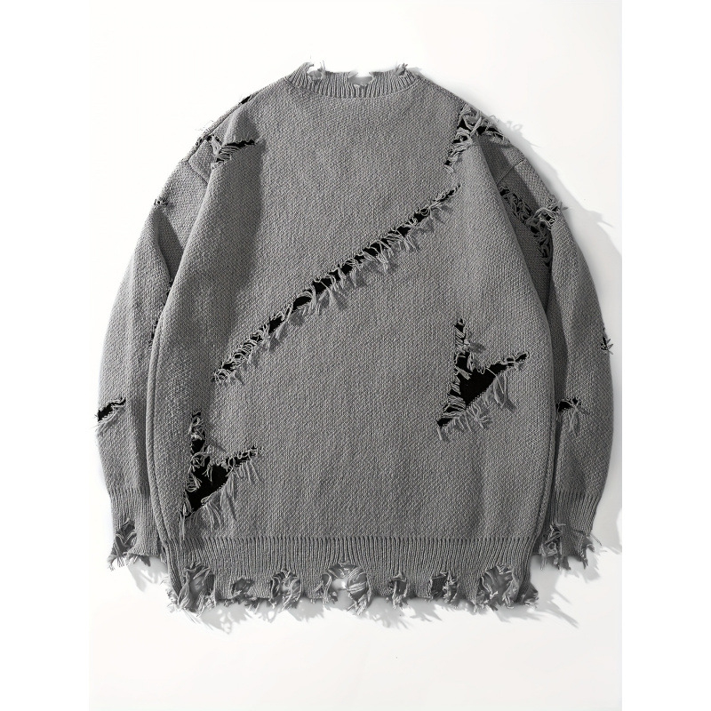 Adīts džemperis, ikdienas stils, brīvs piegriezums, apaļš kakls, piecu punktu piedurkne, caurumu detaļa, vidēja biezuma