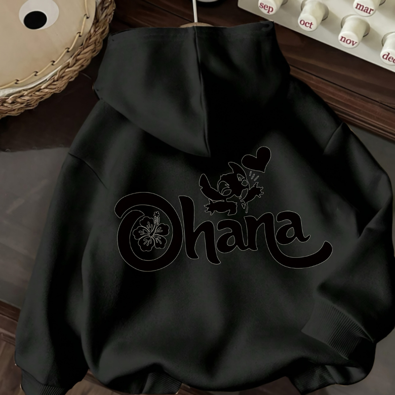 Sieviešu kapucīsa džemperis ar karikatūras grafiku, mīksta fleece oderējums, aukla kapucei, brīvs piegriezums, garas piedurknes, poliesters