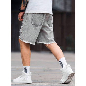 Ανδρικά denim σορτς με distressed, σκισμένες άκρες, χαλαρή εφαρμογή, ίσια γραμμή, επένδυση με φλίς