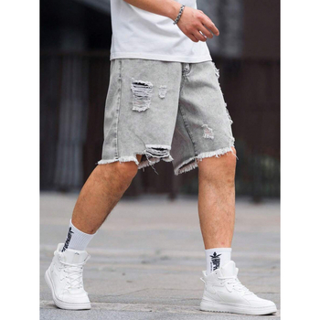 Ανδρικά denim σορτς με distressed, σκισμένες άκρες, χαλαρή εφαρμογή, ίσια γραμμή, επένδυση με φλίς