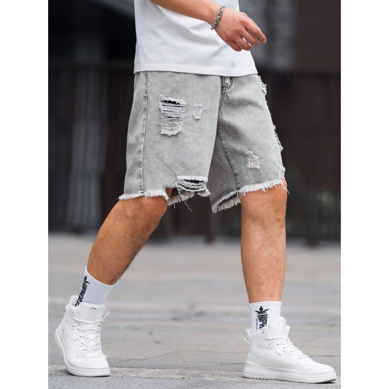 Ανδρικά denim σορτς με distressed, σκισμένες άκρες, χαλαρή εφαρμογή, ίσια γραμμή, επένδυση με φλίς