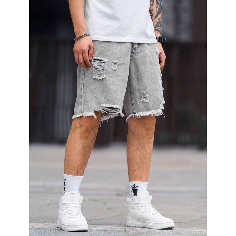 Ανδρικά denim σορτς με distressed, σκισμένες άκρες, χαλαρή εφαρμογή, ίσια γραμμή, επένδυση με φλίς