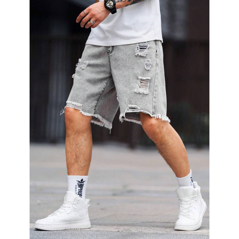 Ανδρικά denim σορτς με distressed, σκισμένες άκρες, χαλαρή εφαρμογή, ίσια γραμμή, επένδυση με φλίς