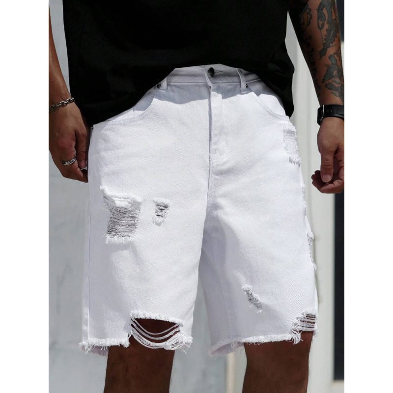 Ανδρικά denim σορτς με distressed, σκισμένες άκρες, χαλαρή εφαρμογή, ίσια γραμμή, επένδυση με φλίς