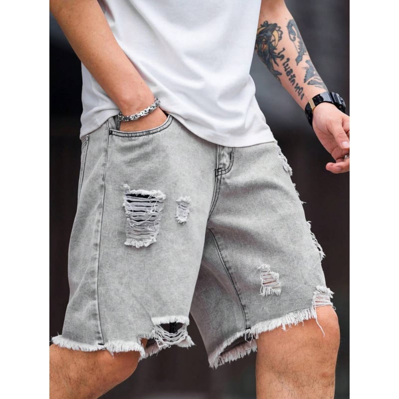 Ανδρικά denim σορτς με distressed, σκισμένες άκρες, χαλαρή εφαρμογή, ίσια γραμμή, επένδυση με φλίς