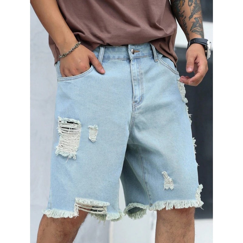 Ανδρικά denim σορτς με distressed, σκισμένες άκρες, χαλαρή εφαρμογή, ίσια γραμμή, επένδυση με φλίς