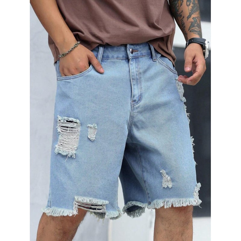 Ανδρικά denim σορτς με distressed, σκισμένες άκρες, χαλαρή εφαρμογή, ίσια γραμμή, επένδυση με φλίς