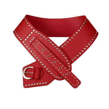 Γυναικεία ασύμμετρη ζώνη από συνθετικό δέρμα σε στυλ ρετρό-εθνο-λογοτεχνικό, με αγκράφα από ψευδάργυρο· πλάτος άνω των 4 εκ· κούμπωμα με πόρπη· επίστρωση: πατενταρισμένο δέρμα