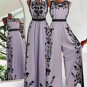 Комбинезон за градски стил – принт, Cropped широки крачоли, талия с връзка в средата, копринено-лъскав завършек, TR плат (полиестер/найлон)