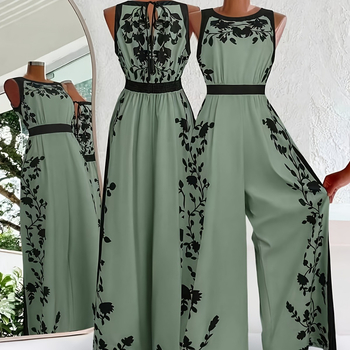 Комбинезон за градски стил – принт, Cropped широки крачоли, талия с връзка в средата, копринено-лъскав завършек, TR плат (полиестер/найлон)