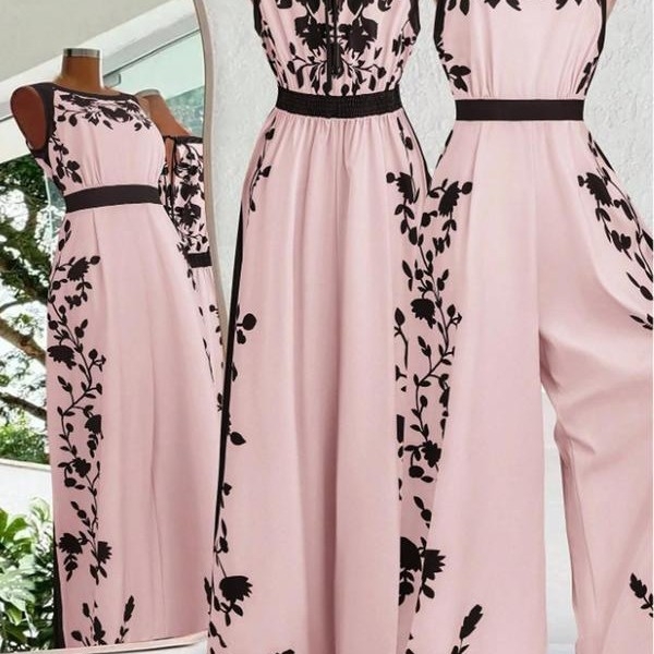 Kombinezons ar drukātu rakstu – saīsinātas platās kājas, vidukļa josta, zīda līdzīgs apdare, TR audums (poliesters/ neilons)