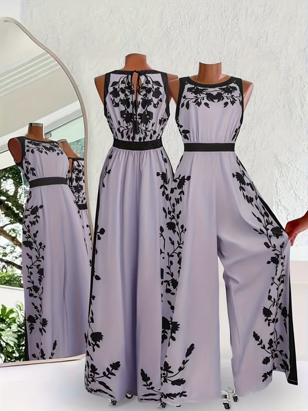 Kombinezons ar drukātu rakstu – saīsinātas platās kājas, vidukļa josta, zīda līdzīgs apdare, TR audums (poliesters/ neilons)