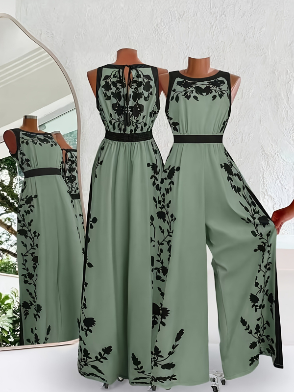 Kombinezons ar drukātu rakstu – saīsinātas platās kājas, vidukļa josta, zīda līdzīgs apdare, TR audums (poliesters/ neilons)