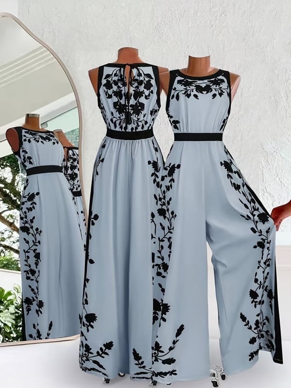 Kombinezons ar drukātu rakstu – saīsinātas platās kājas, vidukļa josta, zīda līdzīgs apdare, TR audums (poliesters/ neilons)