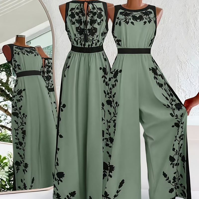 Kombinezons ar drukātu rakstu – saīsinātas platās kājas, vidukļa josta, zīda līdzīgs apdare, TR audums (poliesters/ neilons)