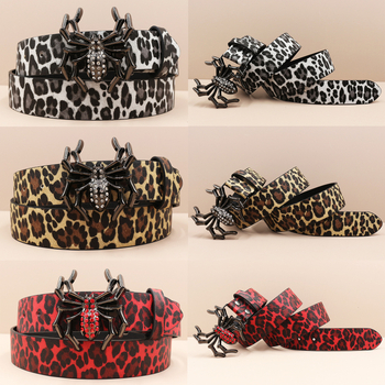 PU odos diržas su lydinio sagtimi, rhinestone voratinklio sagtis, leopardų raštas, moteriškas dekoratyvinis diržas Y2K stilius, pavasaris 2025