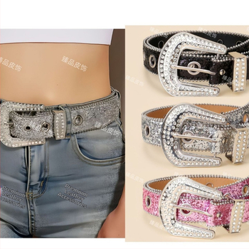 Γυναικεία ζώνη μέσης με στρας, PU δέρμα, αγκράφα με καρφί, πλάτος 2-4 εκ, INS στυλ