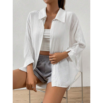 Риза с ленена материя, четиристранно разтягане, слим фит, яка с широко разположен разрез, ръкав ¾