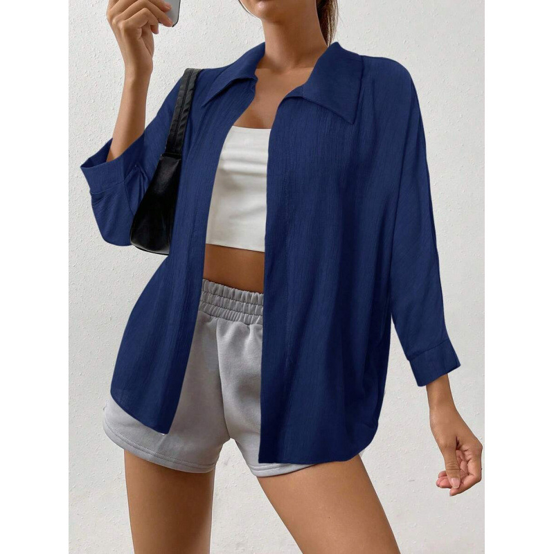 Lininiai marškiniai, keturių krypčių elastumas, slim fit, plačiai atversta kaklo apykaklė, ¾ rankovės