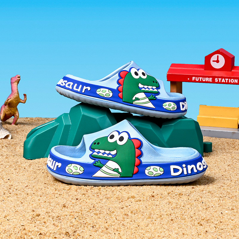 Vaikų EVA sandalai su dinozauro atspaudu, Cartoon modelis, viršus EVA, padas EVA, amžius 4–12 metų, orui laidžios, neslidžios, atsparios dėvėjimui, pavasaris–vasara–rudenį