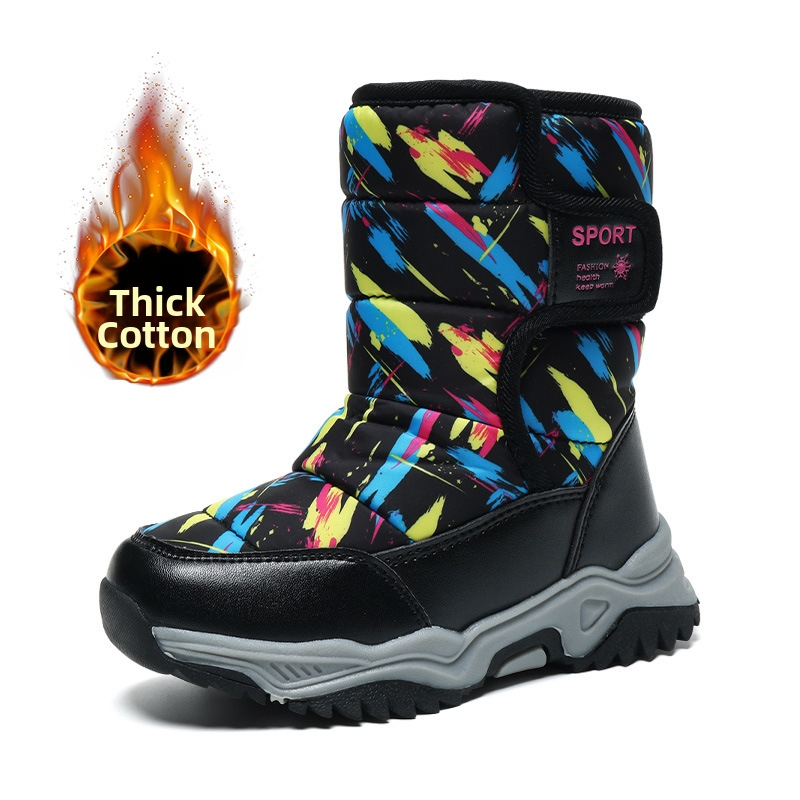 Ghete de zăpadă pentru copii - partea superioară din piele sintetică, căptușeală groasă din fleece, înălțime înaltă, închidere Velcro, talpă din cauciuc